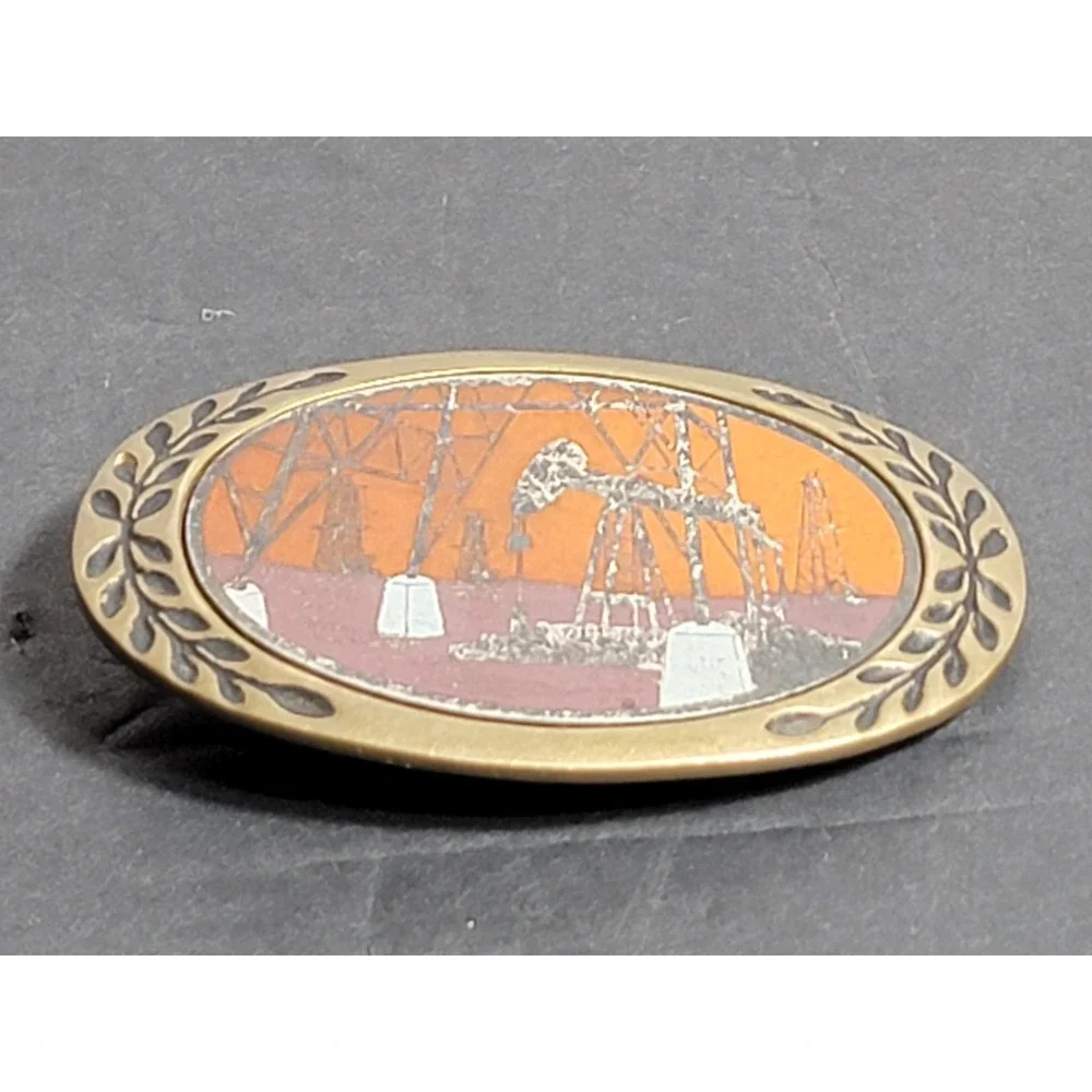 Vtg 1980 Belt Buckle‎ Oil Field Solid Brass Aminco Heritage Buckles Enamel Inlay